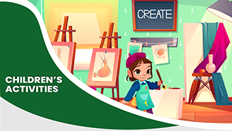 green banner, cartoon child with paintbrush and easels 