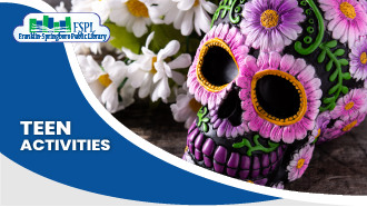 library logo, blue graphics, sugar skull with daisies