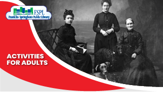 Library logo, red graphic shape, black and white photo of women and a dog