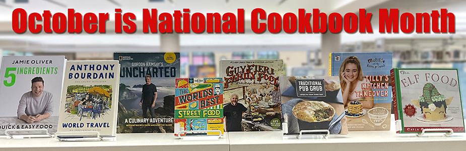 cookbooks on a shelf with red text